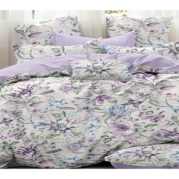 Серовато-бежевый твил-сатин с сине-фиолетовыми цветами и светло-фиолетовым компаньоном