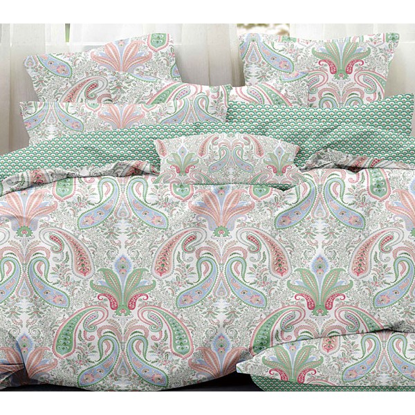 Бело-зеленый твил-сатин с зелено-красными узорами и компаньоном с зеленым орнаментом