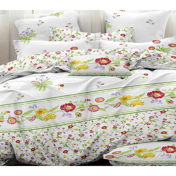 Белый твил-сатин с зелеными орнаментами и красно-желтыми цветами и компаньоном