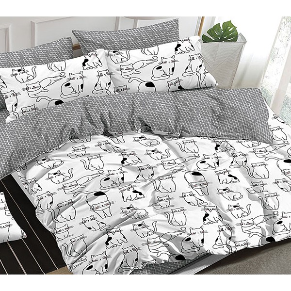 Белый поплин Котики с серым компаньоном