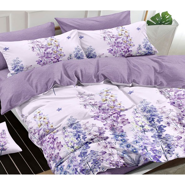 Белый поплин с сине-фиолетовыми цветами и фиолетовым компаньоном