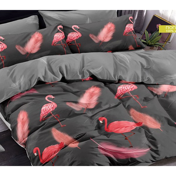 Черный поплин с розово-красными фламинго и серым компаньоном