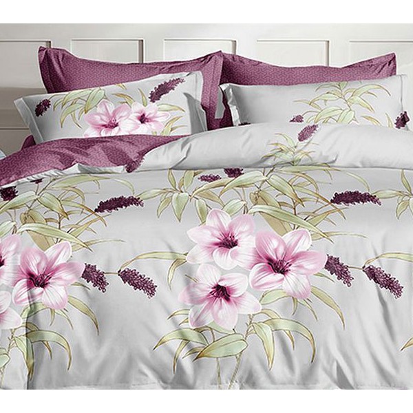 Бледно-зеленоватый поплин с бело-пурпурными цветами и пурпурным компаньоном