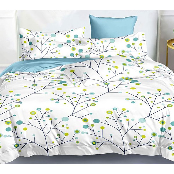 Постельное белье из белого поплина с нарисованной абстракцией и однотонного жемчужно-голубого компаньона