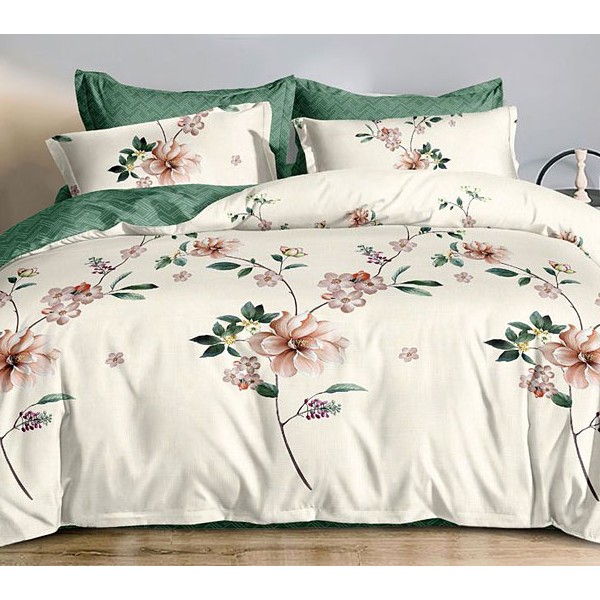 Светло-бежевый поплин с бело-розовыми цветами и зеленым компаньоном