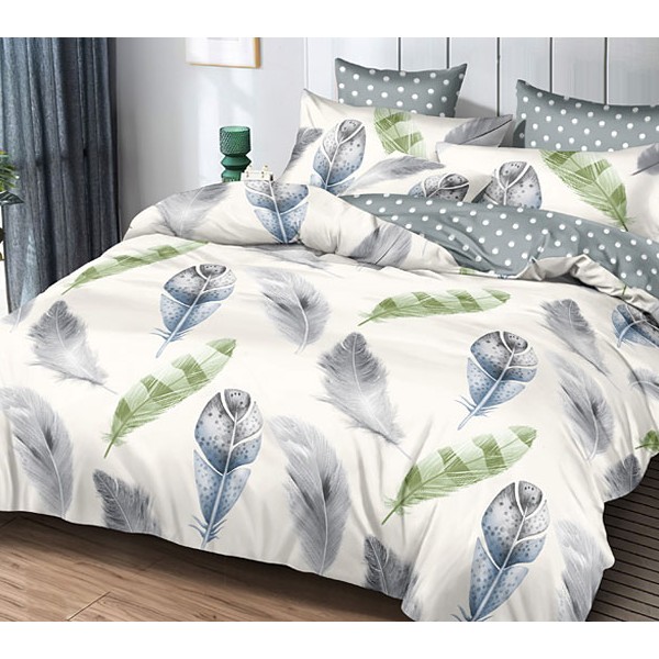 Белый поплин с разноцветными перьями и серо-зеленоватым компаньоном в белый горошек