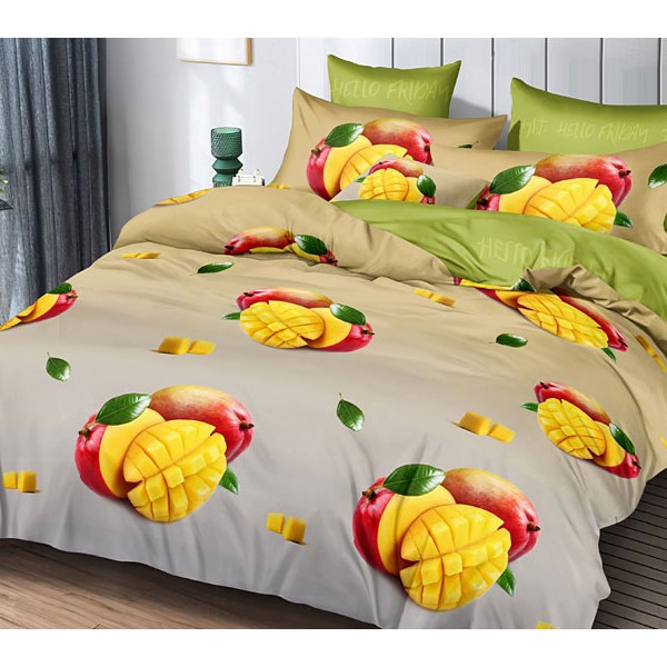 Серо-бежевый поплин с желто-красными манго и желто-зеленым компаньоном