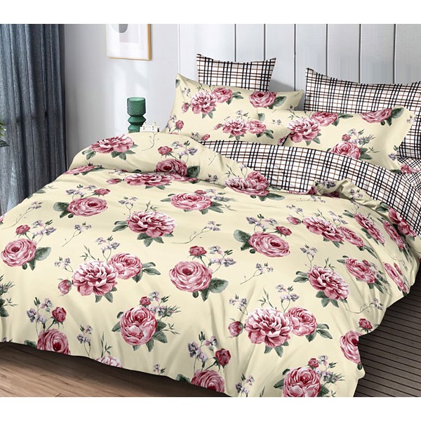 Светло-желтый поплин со светло-красными бутонами и белым компаньоном в черную полоску