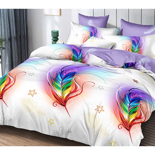 Белый поплин с радужными перьями и светло-фиолетовым компаньоном