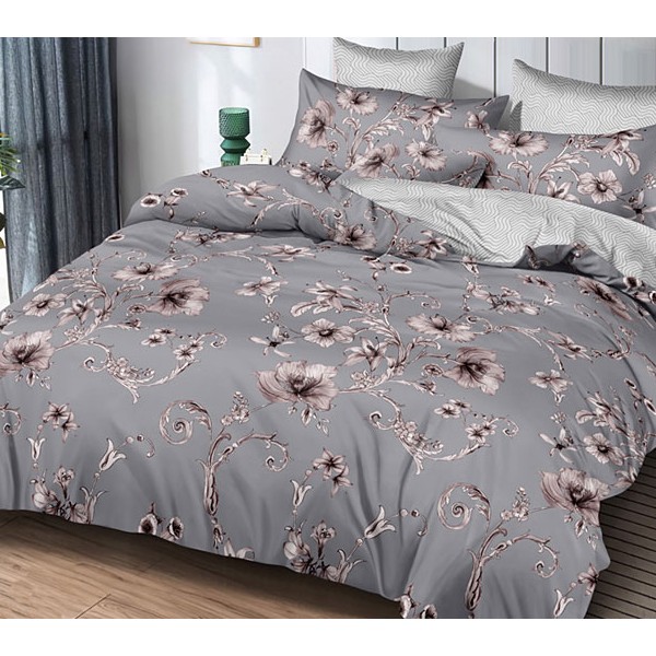 Серый поплин с бледно-розоватыми цветами и светло-серым команьоном