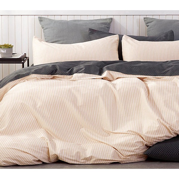 Светло-персиковый поплин в тонкую белую полоску и черный компаньон в белый горошек