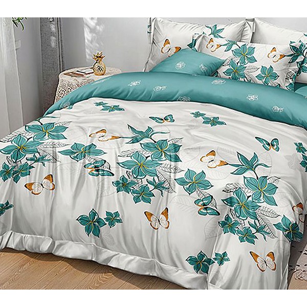 Белый поплин с бабочками и зелеными листьями и зеленым компаньоном