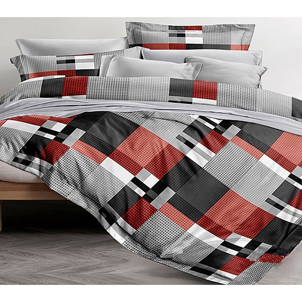 Серый поплин с черно-красной абстракцией и светло-серым компаньоном