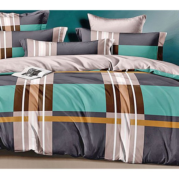 Зелено-синие квадраты поплина с бело-коричневыми полосами и светло-серым компаньоном