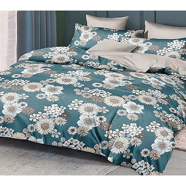 Темно-зеленый поплин с белыми цветами и однотонно-светло-серым компаньоном