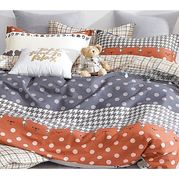 Серо-оранжевый поплин в горошек с клетчатой абстракцией и желто-черным компаньоном