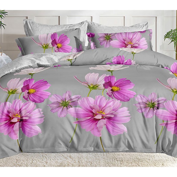 Однотонно-серый поплин с розово-фиолетовыйми цветами и светло-серым компаньоном