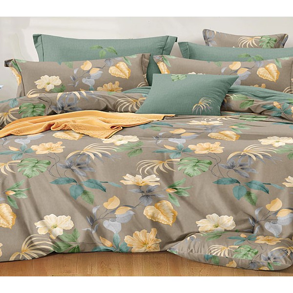 Серо-коричневый поплин с разноцветными рисунками и темно-зеленым компаньоном