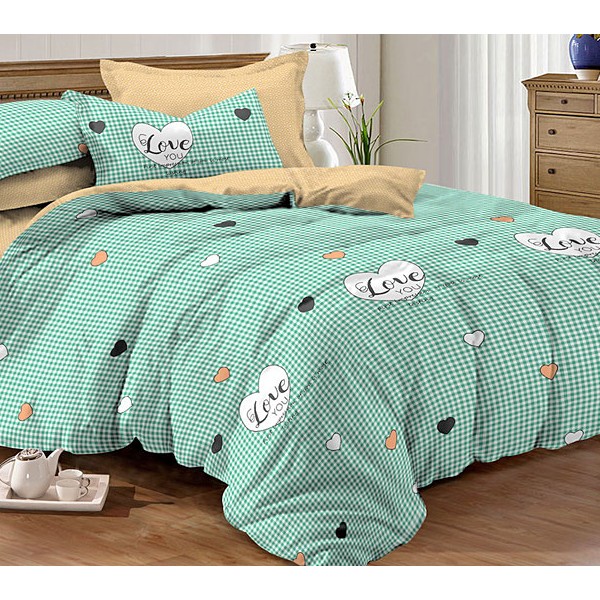 Белый поплин в зеленую клетку с сердцами и светло-бежевым компаньоном