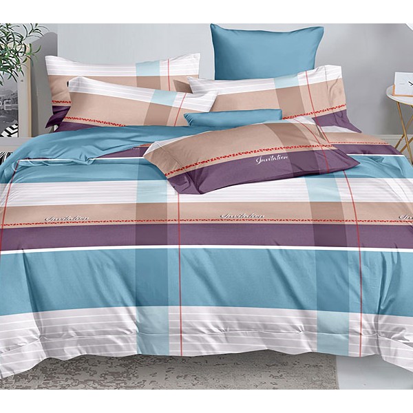 Сине-зеленый поплин с фиолетовыми и бежевыми полосами с однотонно-сине-зеленым компаньоном