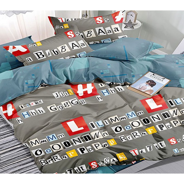 Серый поплин с разноцветными буквами и синим компаньоном