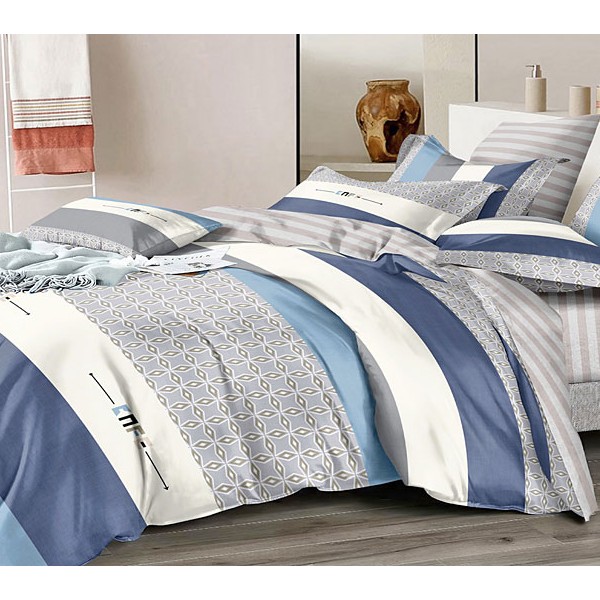 Сливочный поплин с сине-голубыми полосами и серым компаньоном с коричневыми полосами