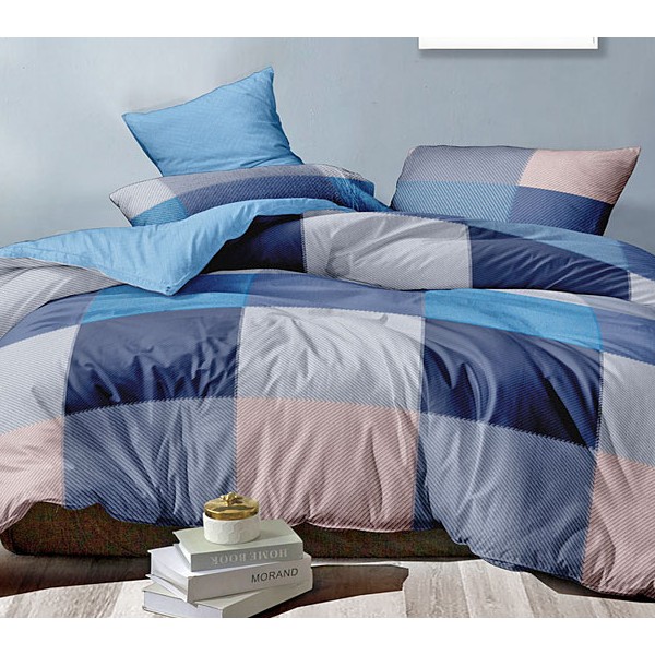 Абстракция поплина с разоцветными квадратами и темно-голубым компаньоном