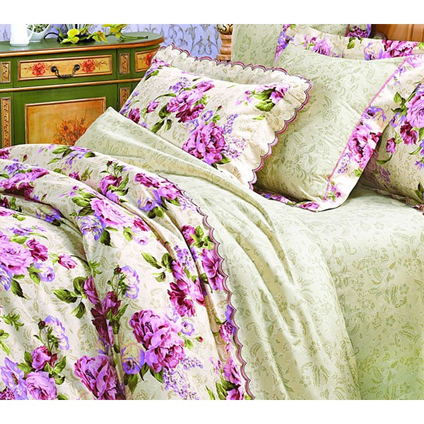 Желто-зеленый поплин с пурпурными цветами и однотонным компаньоном