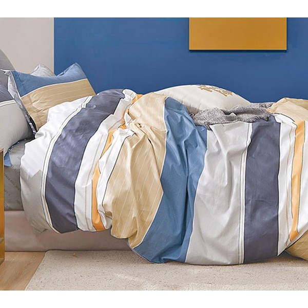 Поплин с бежево-синими широкими полосами и серым компаньоном