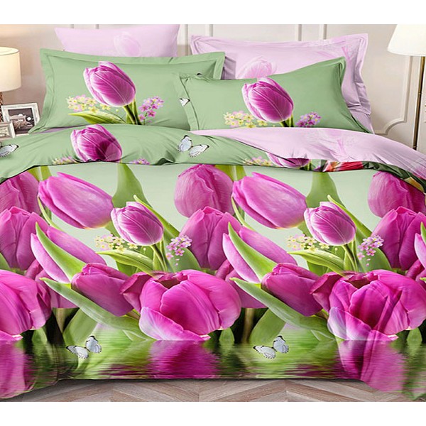 Светло-зеленый поплин со светло-фиолетовыми тюльпанами и бледно-розоватым компаньоном