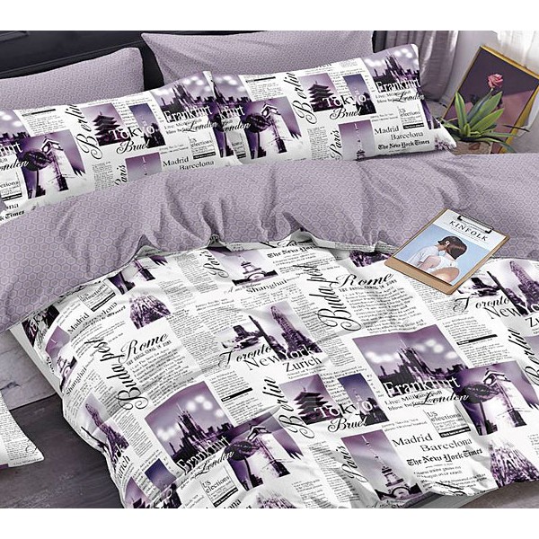 Белый поплин с черно-фиолетовыми газетными рисунками и бледно-фиолетовым компаньоном