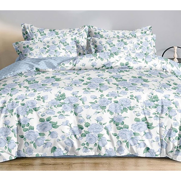 Белый поплин с бледно-синими цветами и бледно-синим компаньоном