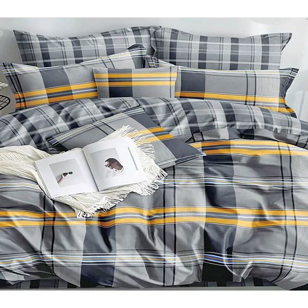 Серо-синий поплин с желтыми полосами и серым компаньоном в клетку