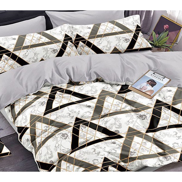 Постельное белье из белого поплина с треугольной абстракцией и серым компаньоном