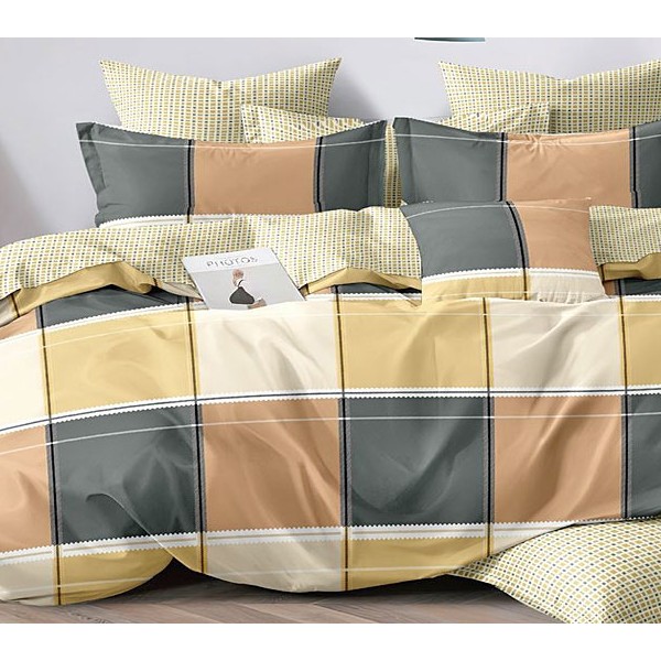 Светло-бежевый поплин с абстракцией из больших разноцветных квадратов и компаньоном в желто-черные квадратики