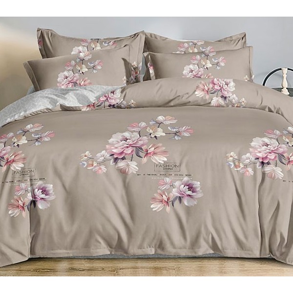 Бежевый поплин с разноцветными цветами и светло-серым компаньоном