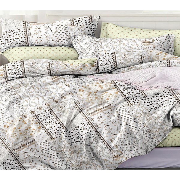 Белый поплин с разноцветной абстракцией и бледно-зеленоватый компаньон