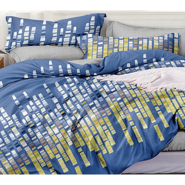 Синий поплин с бело-желтой абстракцией и серым компаньоном