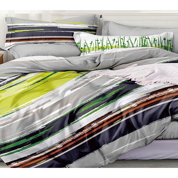 Серый поплин с разноцветной контрастной абстракцией и однотонно-серым компаньоном