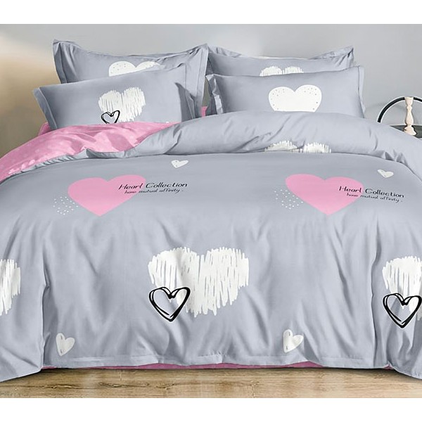 Серый поплин с белыми и розовыми сердцами и розовым компаньоном