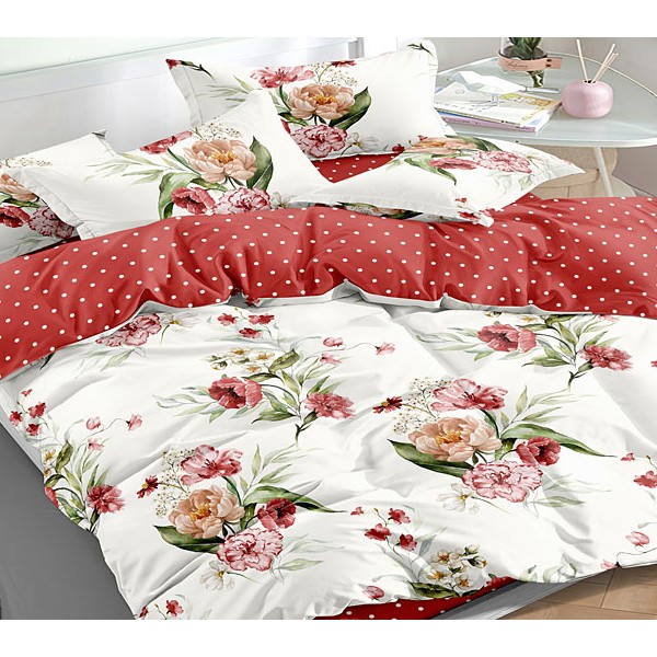 Белый поплин с букетами цветов и красным компаньоном в горошек