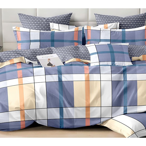 Сине-фиолетовый поплин с разноцветными квадратами и полосами и серым компаньоном