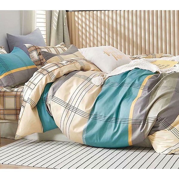 Светло-желтый поплин с зелеными и коричневыми полосами и компньоном с клетчатой бежевой абстракцией