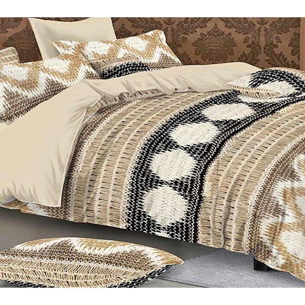 Светло-бежевый поплин с черно-коричневой абстракцией и однотонно-бежевым компаньоном