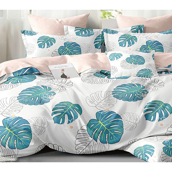 Белый поплин с бело-зелеными листьями и бледно-розовым компаньоном