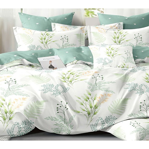 Белый поплин с разноцветными ветками и бледно-зеленым компаньоном