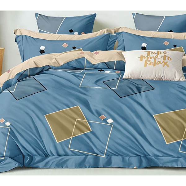 Сине-голубой поплин с квадратной абстракцией и светло-бежевым компаньоном