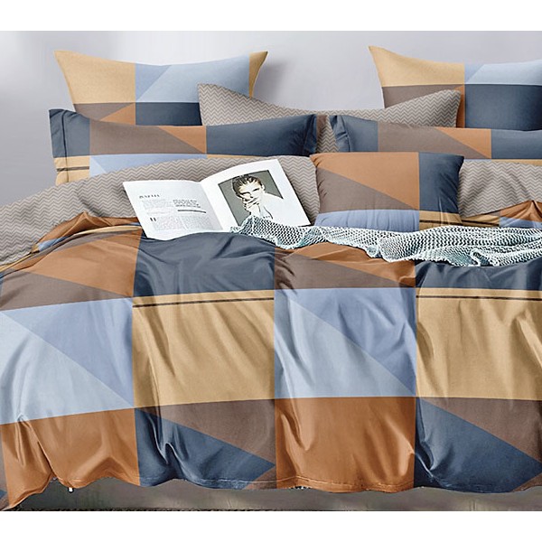 Сине-коричневый поплин с геометрической абстракцией и серым компаньоном