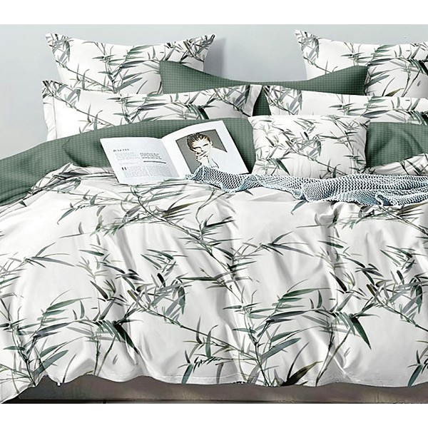 Белый поплин с зелеными бамбуковыми листьями и темно-зеленым компаньоном