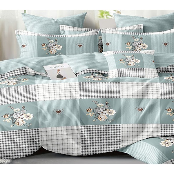 Бледно-серо-зеленый поплин с цветами и черно-белыми полосами